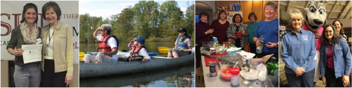 photo collage: scholarship winner, women canoeing, dinner prep, gray dog